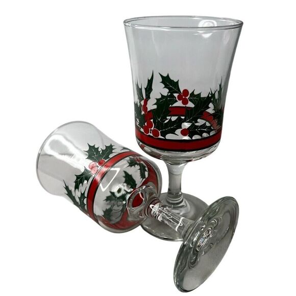 Libbey Glass Holly & Berries Flared Water Goblets Retro Barware Christmas (2) - Picture 3 of 6